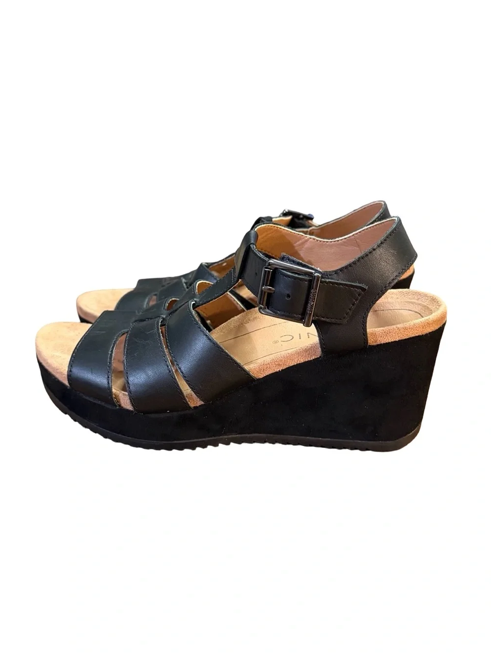 Vionic Tawny Platform Wedge Sandals Black Leather/Suede Women's Size 6